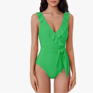 Green Ruffled V-Neck One Piece with Tie Belt